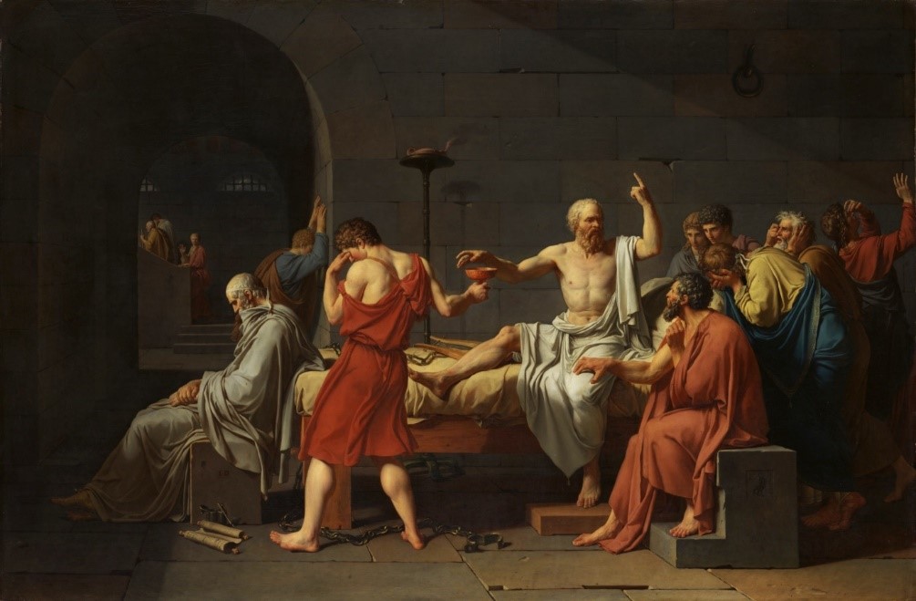 جاك لويس ديفيد، وفاة سقراط. (المصدر: ويكيبيديا). أُعدم سقراط في النهاية بسبب تشكيكه المتواصل في المعتقدات التقليدية.