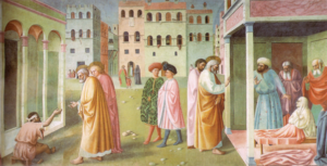 Caption: Masolino da Panicale, St. Peter Healing a Cripple and the Raising of Tabitha (c. 1423). Western painting before the twentieth century relied on visual tricks to create a virtual reality. One such trick is linear perspective, and this painting the first extant example of the use of a consistent vanishing point.