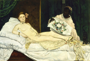 Caption: Éduard Manet, Olympia, 1863. To Clement Greenberg, Manet was the first modernist. His scenes were painted in a deliberately flat style.