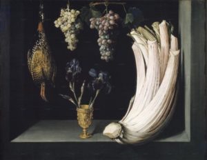 Juan Sánchez Cotán, Still Life with Cardoon, Francolin, Grapes and Irises, c. 1628 (Public Domain. Source: Wikimedia Commons)