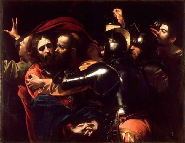 مايكل أنجلو ميريسي دا كاراڤاجيو، القبض على المسيح، حوالي 1602. يظهر كاراڤاجيو نفسه في أقصى اليمين يحمل مصباحًا.
